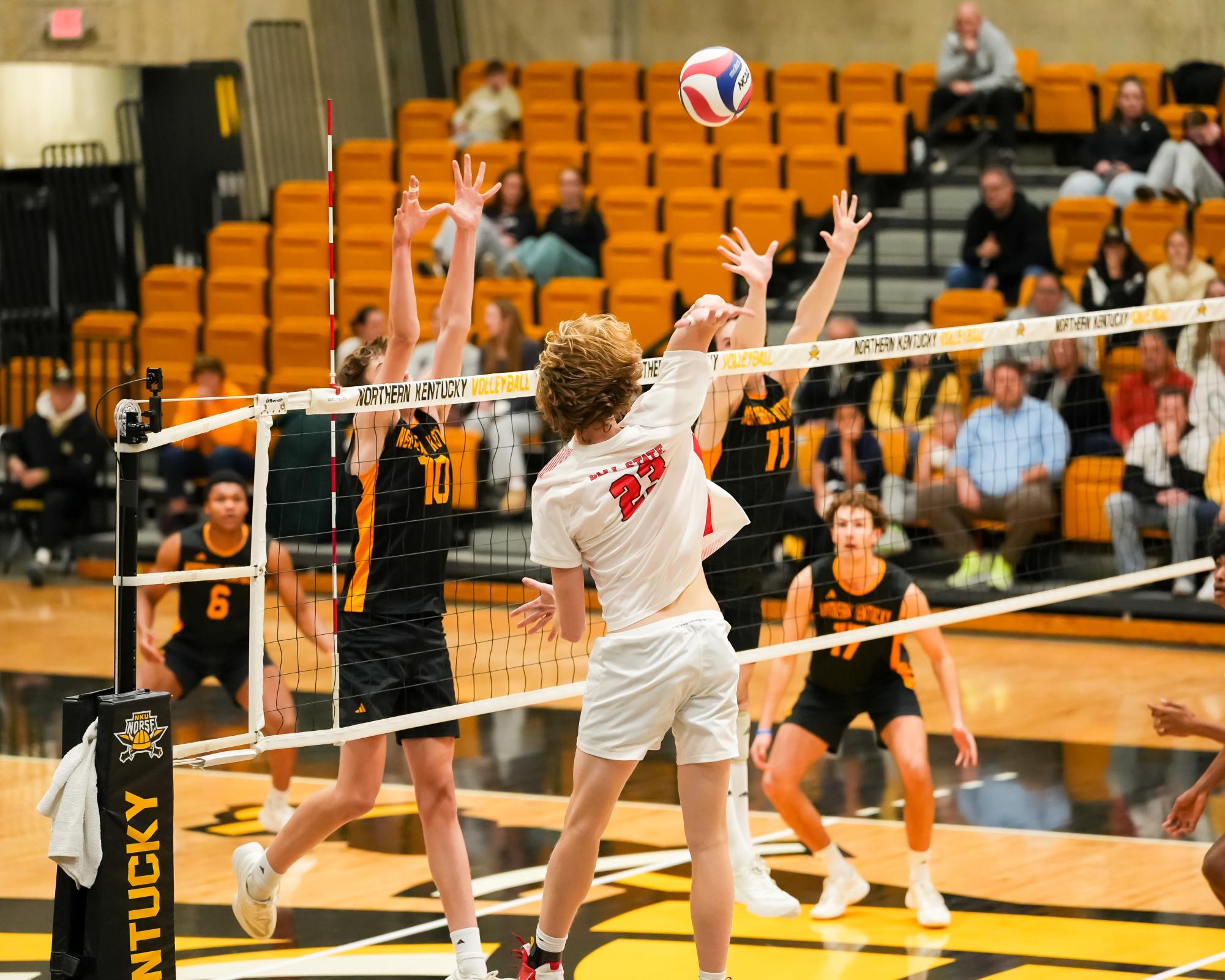 Ball State's setter Peter Zurawski going for the spike against NKU’s defense. Zurawski had one kill and one dig on Feb. 21.