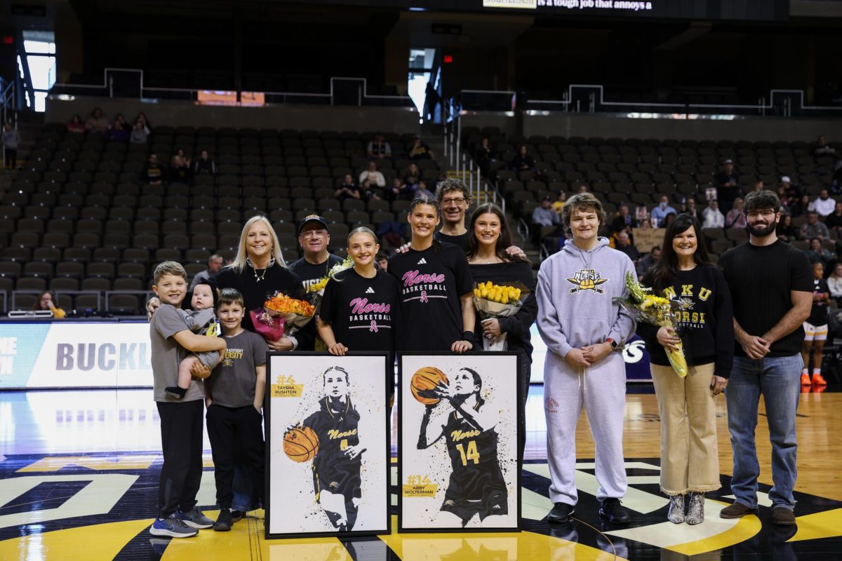 Taysha Ruston (left) and Abby Wolterman (right) are being honored with their families at center court on senior night. Ruston has spent one season as a Norse, and Abby has spent two seasons at NKU.