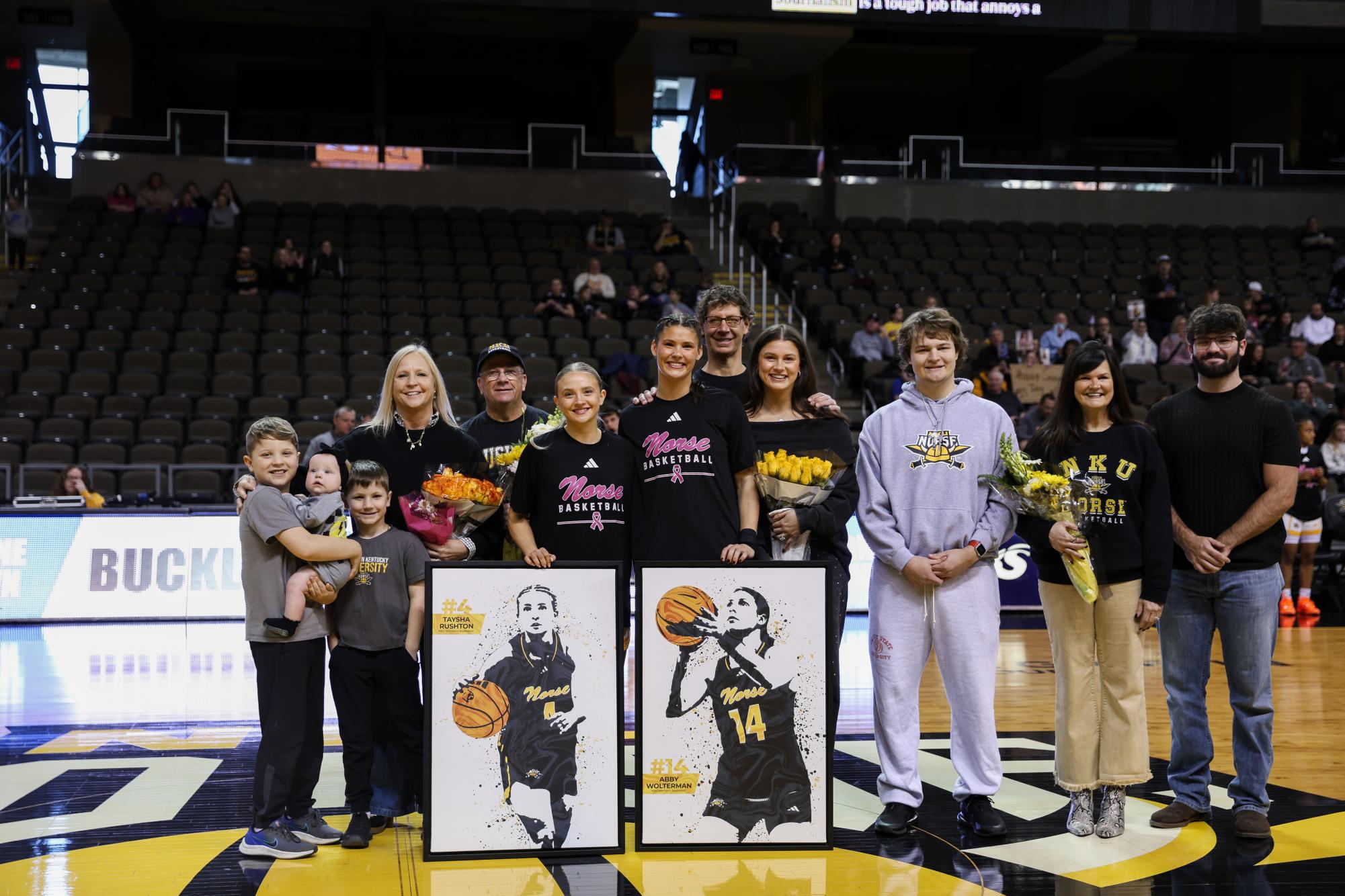 Taysha Ruston (left) and Abby Wolterman (right) are being honored with their families at center court on senior night. Ruston has spent one season as a Norse, and Abby has spent two seasons at NKU.