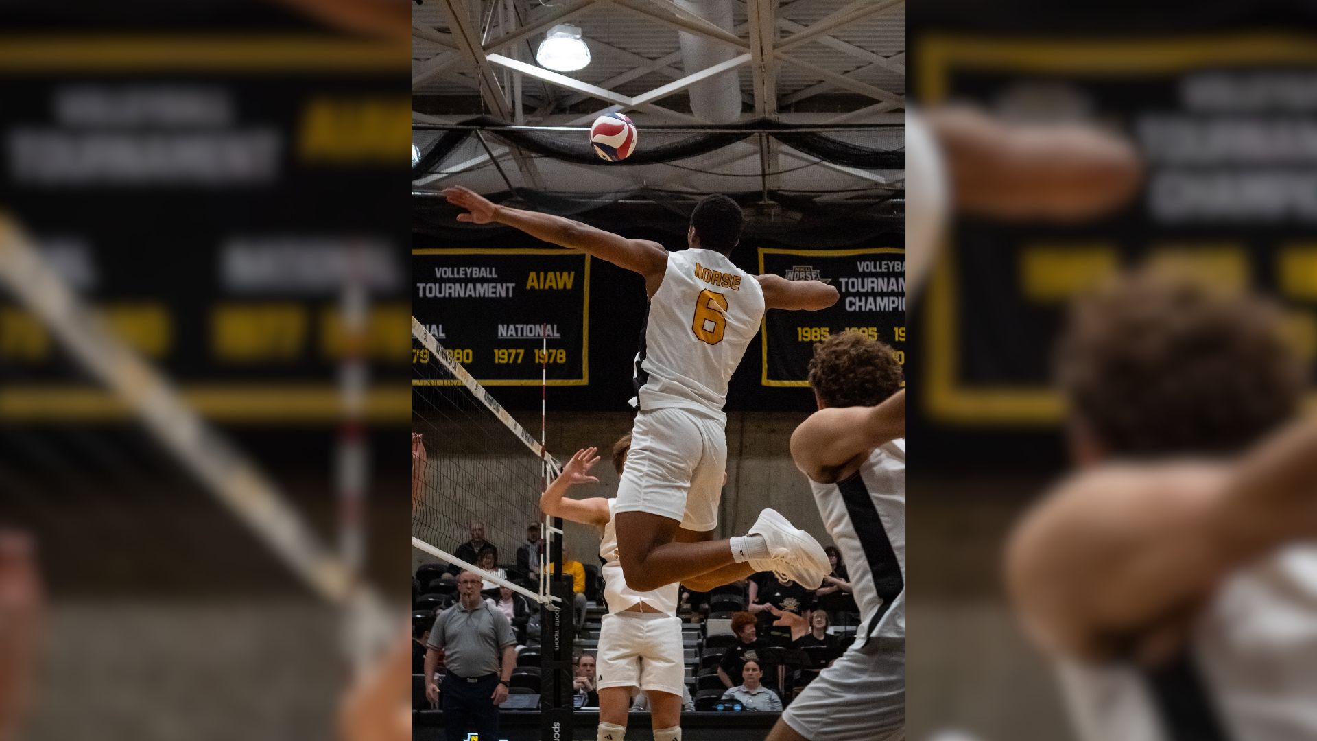 Sophomore Adam Blair taking flight for the kill against No. 12 Ohio State. The Ohio native came to NKU in the fall of 2025, destined for greatness in Northern Kentucky's inaugural season. 