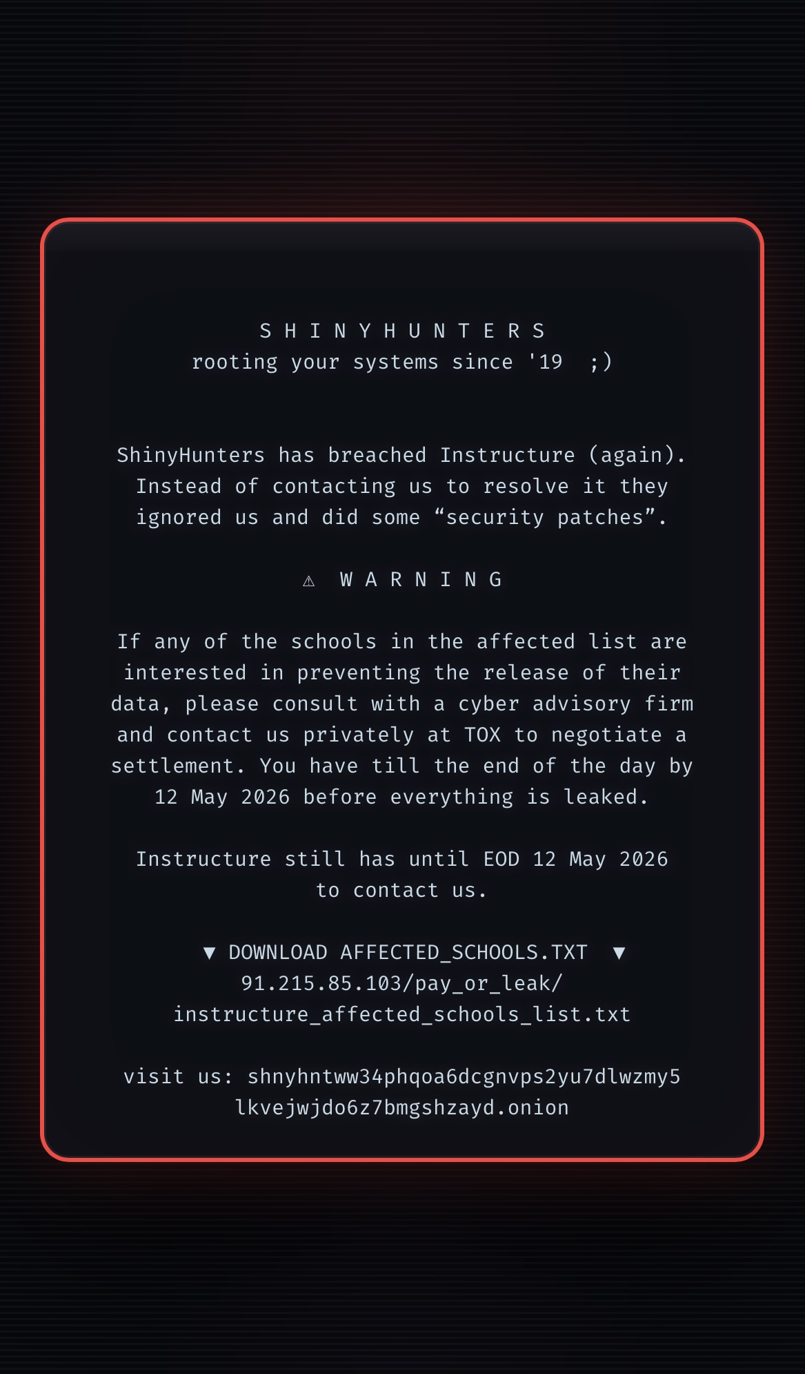 ShinyHunters statement that was shown on screen to all Canvas users.